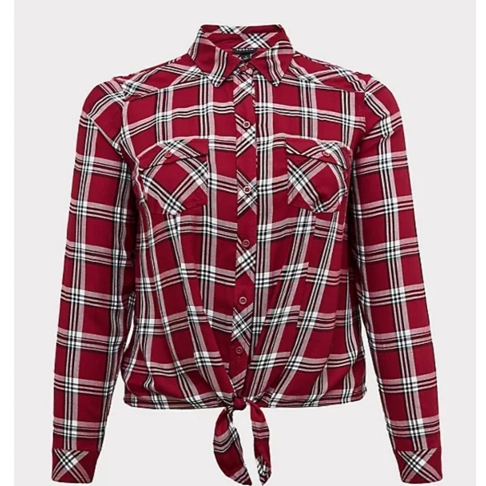  Torrid Plus Size New Burgundy Plaid Twill Tie Front Midi Shirt. - Picture 2 of 10